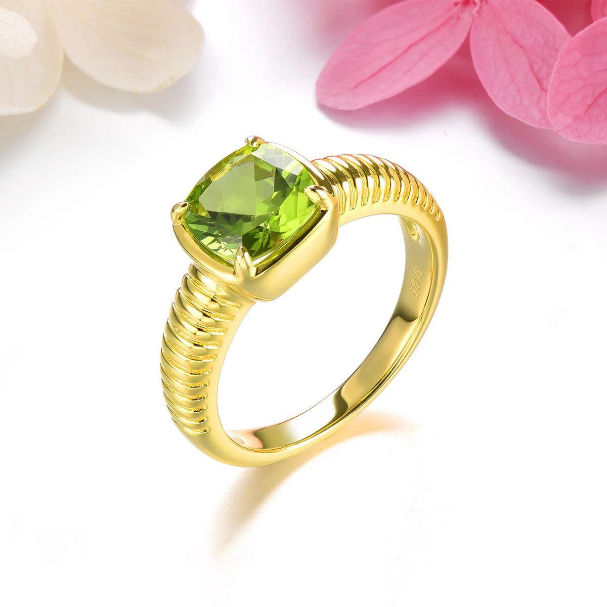 Elegant Vintage Natural Peridot Ring in Sterling Silver with Yellow Gold Plating - 2.5 Carats Classic Fine Jewelry - Lucid Fantasy 