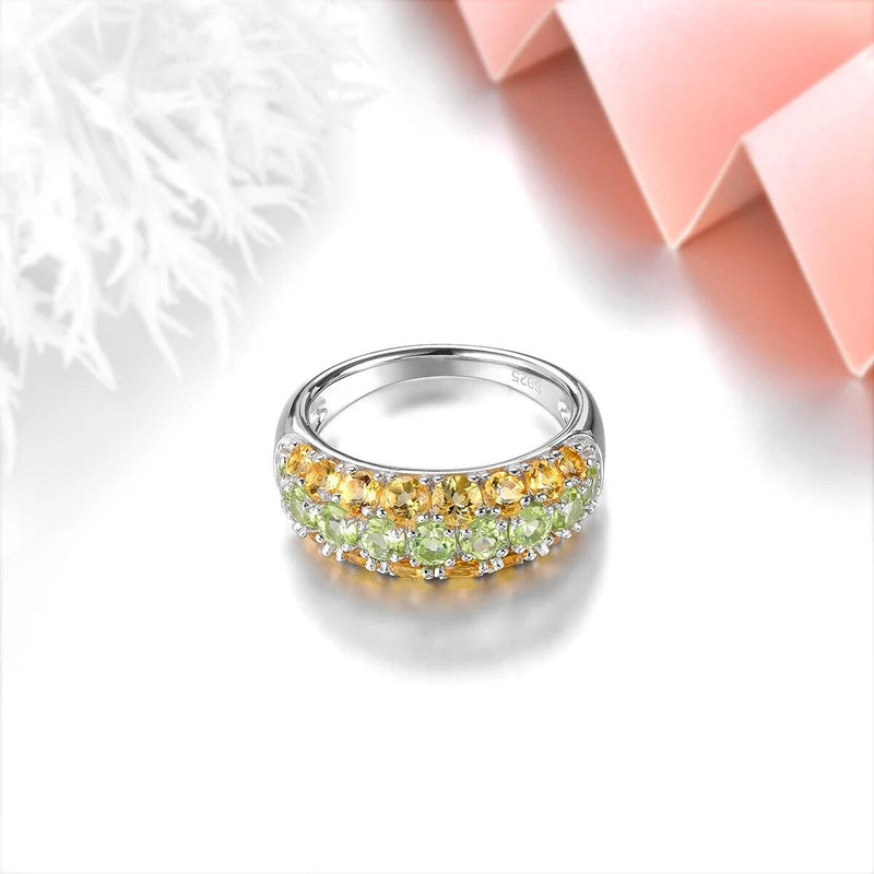 Elegant Vintage Solid Silver Ring with 2.3 Carats of Natural Peridot and Citrine Gemstones - Lucid Fantasy 