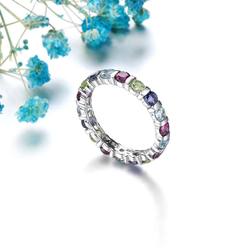 Elegant Vintage Sterling Silver Ring Set with Natural Rhodolite Garnet, Topaz, and Peridot - 2.2 Carats Fine Jewelry - Lucid Fantasy 