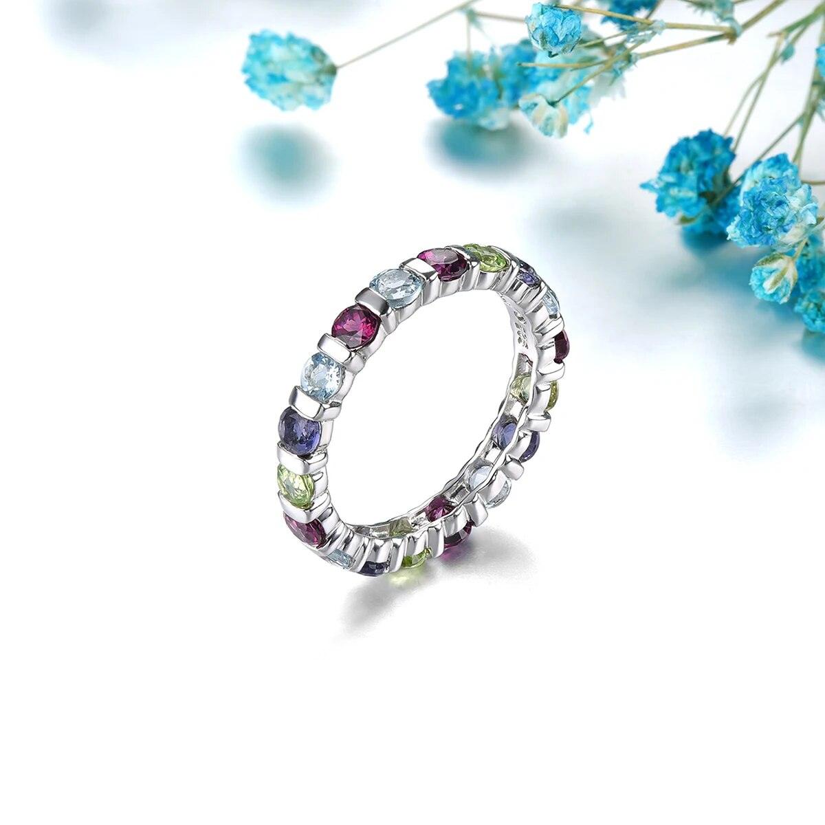 Elegant Vintage Sterling Silver Ring Set with Natural Rhodolite Garnet, Topaz, and Peridot - 2.2 Carats Fine Jewelry - Lucid Fantasy 