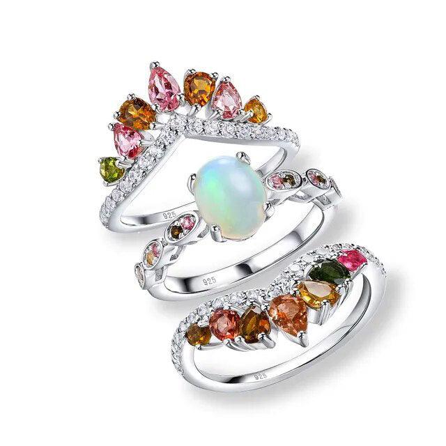 Exquisite 3PCS Sterling Silver Ring Set with Natural Opal and Tourmaline Gemstones - Lucid Fantasy 