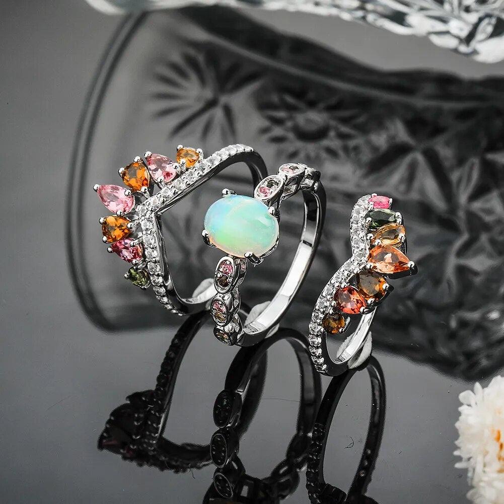 Exquisite 3PCS Sterling Silver Ring Set with Natural Opal and Tourmaline Gemstones - Lucid Fantasy 