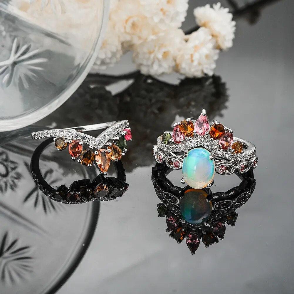 Exquisite 3PCS Sterling Silver Ring Set with Natural Opal and Tourmaline Gemstones - Lucid Fantasy 