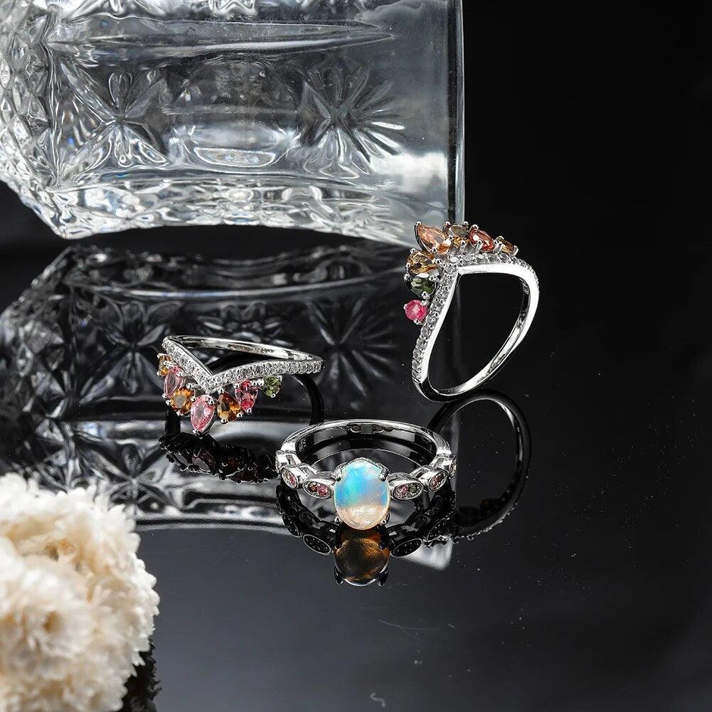 Exquisite 3PCS Sterling Silver Ring Set with Natural Opal and Tourmaline Gemstones - Lucid Fantasy 