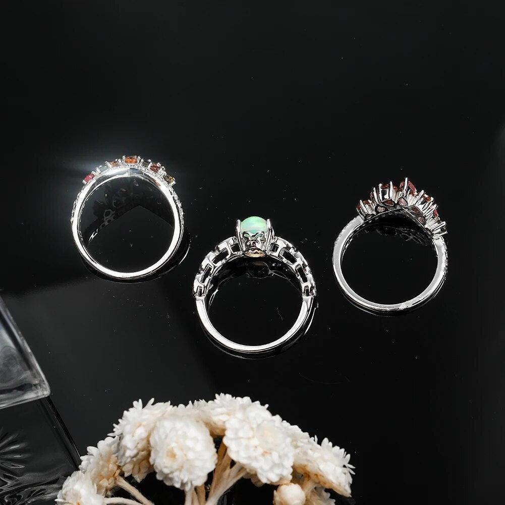 Exquisite 3PCS Sterling Silver Ring Set with Natural Opal and Tourmaline Gemstones - Lucid Fantasy 