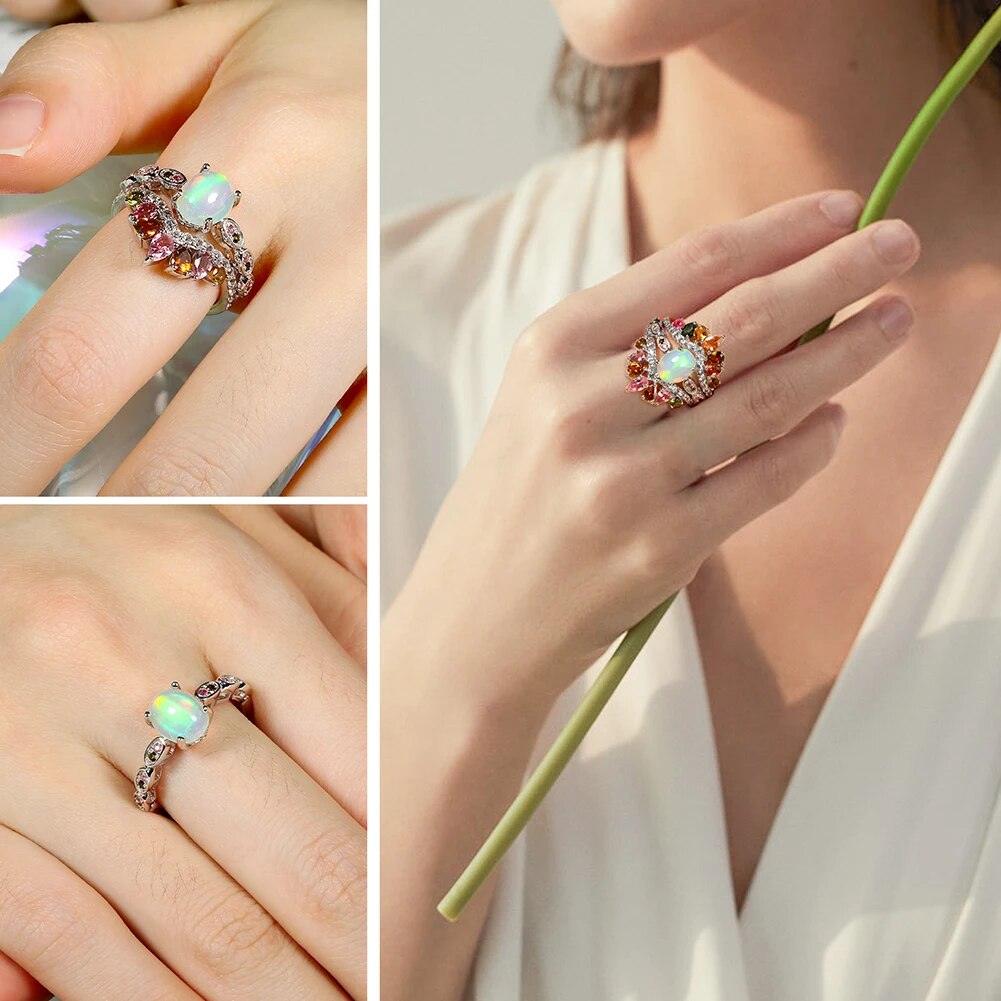 Exquisite 3PCS Sterling Silver Ring Set with Natural Opal and Tourmaline Gemstones - Lucid Fantasy 