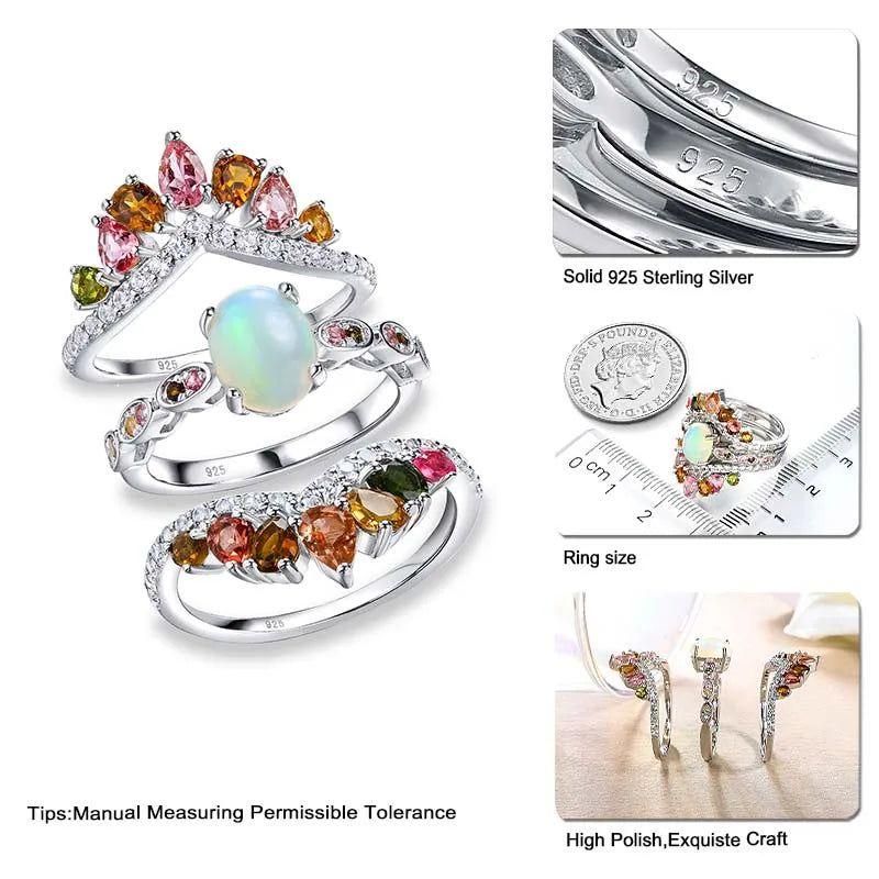 Exquisite 3PCS Sterling Silver Ring Set with Natural Opal and Tourmaline Gemstones - Lucid Fantasy 