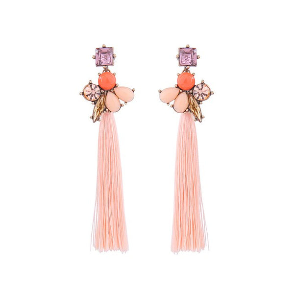 Exquisite Classic Pink Long Tassel Bohemia Flower Drop Earrings