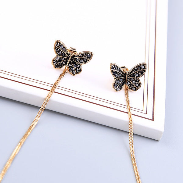 Exquisite Crystal Butterfly Gold Color Long Chain Tassel Dangle Earring