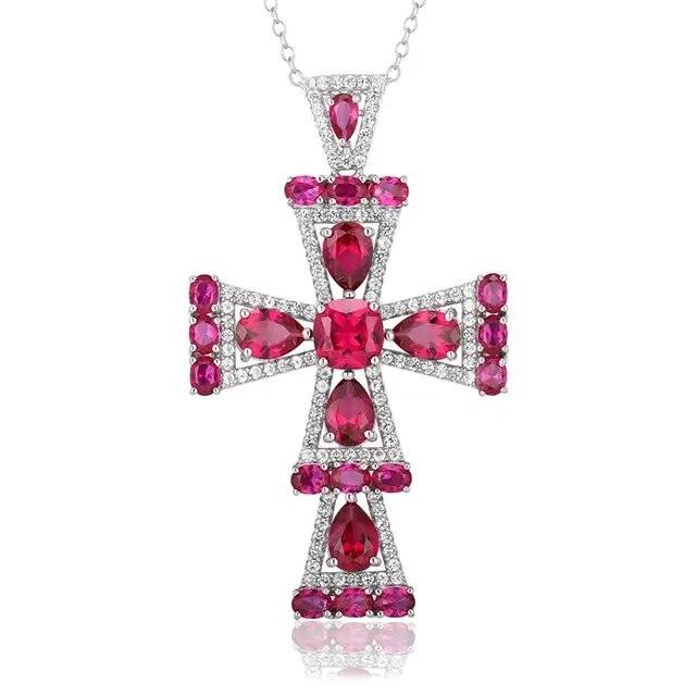 Exquisite Red Gemstone Cross Pendant Necklace in 925 Sterling Silver - Lucid Fantasy 