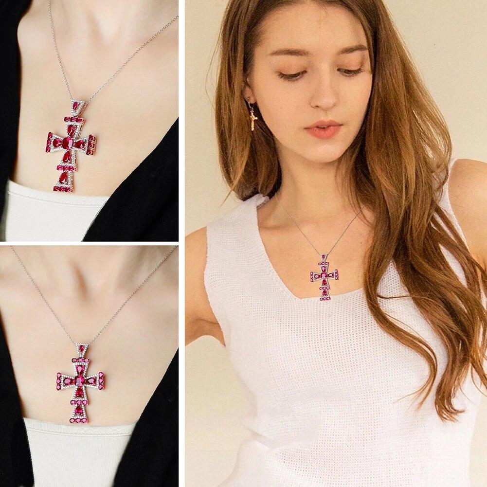 Exquisite Red Gemstone Cross Pendant Necklace in 925 Sterling Silver - Lucid Fantasy 