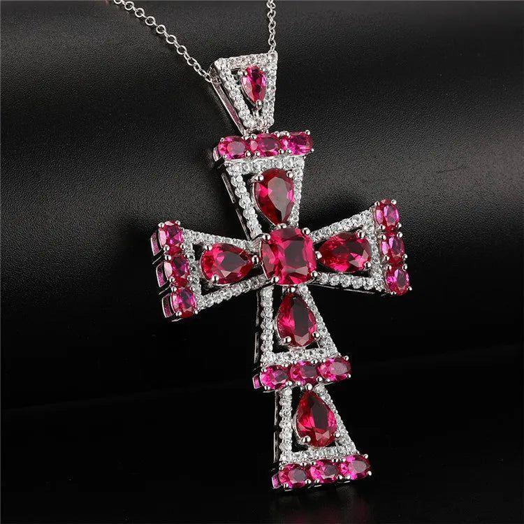 Exquisite Red Gemstone Cross Pendant Necklace in 925 Sterling Silver - Lucid Fantasy 