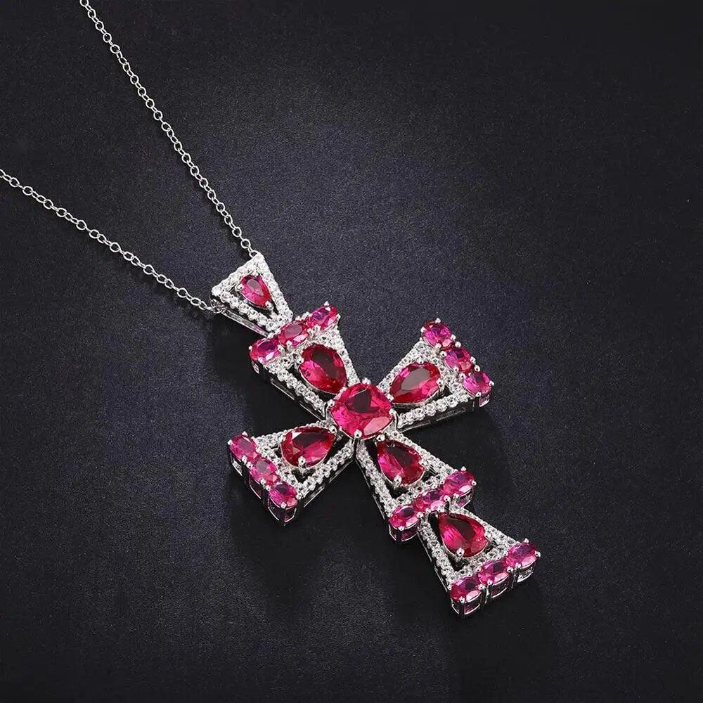 Exquisite Red Gemstone Cross Pendant Necklace in 925 Sterling Silver - Lucid Fantasy 