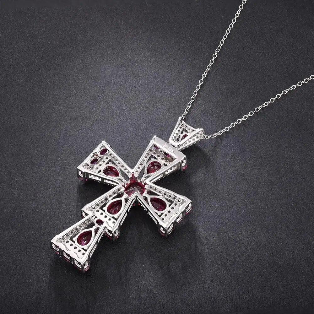 Exquisite Red Gemstone Cross Pendant Necklace in 925 Sterling Silver - Lucid Fantasy 