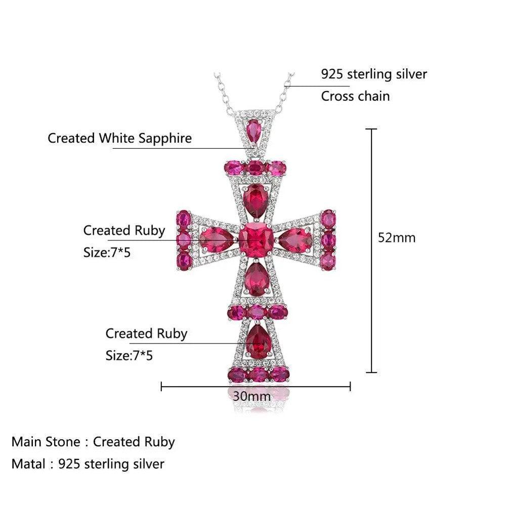 Exquisite Red Gemstone Cross Pendant Necklace in 925 Sterling Silver - Lucid Fantasy 