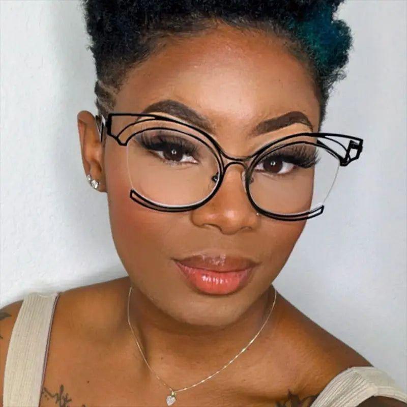 Fashionable Oversized Cat Eye Anti-Blue Light Semi-Rimless Metal Glasses for Screen Use - Lucid Fantasy 