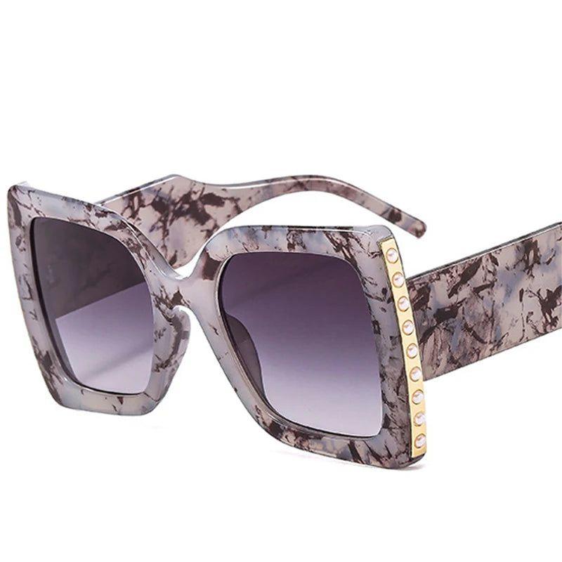 Fashionable Oversized Square Sunglasses with Pearl Accents and Dual-Tone Wide Legs - UV400 Fashion Shades - Lucid Fantasy 