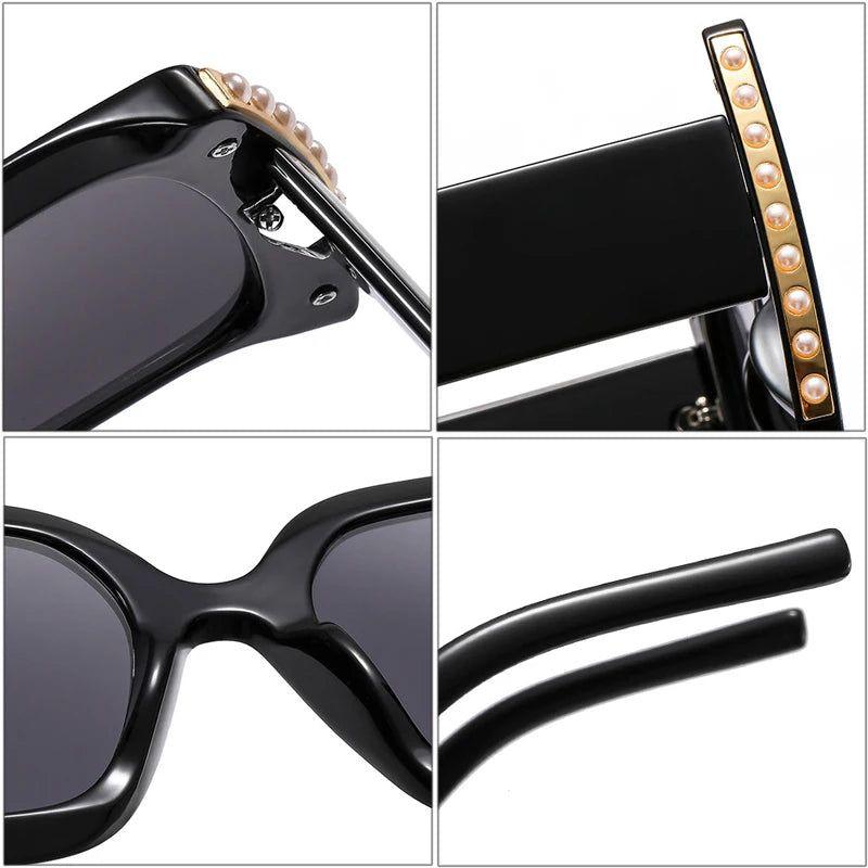 Fashionable Oversized Square Sunglasses with Pearl Accents and Dual-Tone Wide Legs - UV400 Fashion Shades - Lucid Fantasy 