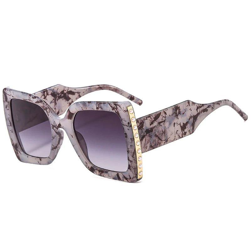 Fashionable Oversized Square Sunglasses with Pearl Accents and Dual-Tone Wide Legs - UV400 Fashion Shades - Lucid Fantasy 