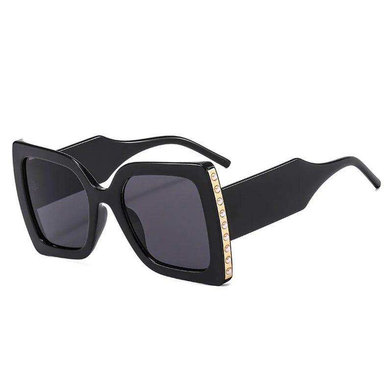 Fashionable Oversized Square Sunglasses with Pearl Accents and Dual-Tone Wide Legs - UV400 Fashion Shades - Lucid Fantasy 