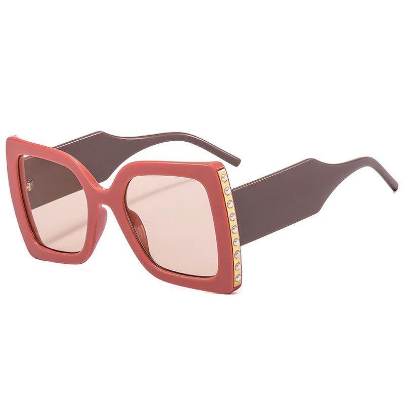 Fashionable Oversized Square Sunglasses with Pearl Accents and Dual-Tone Wide Legs - UV400 Fashion Shades - Lucid Fantasy 