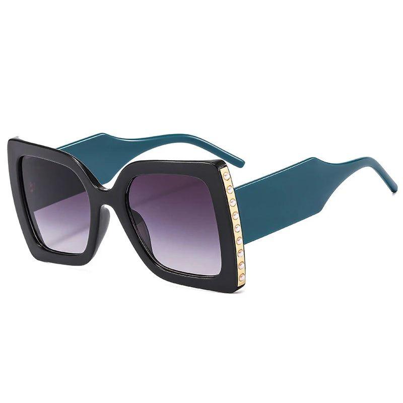 Fashionable Oversized Square Sunglasses with Pearl Accents and Dual-Tone Wide Legs - UV400 Fashion Shades - Lucid Fantasy 