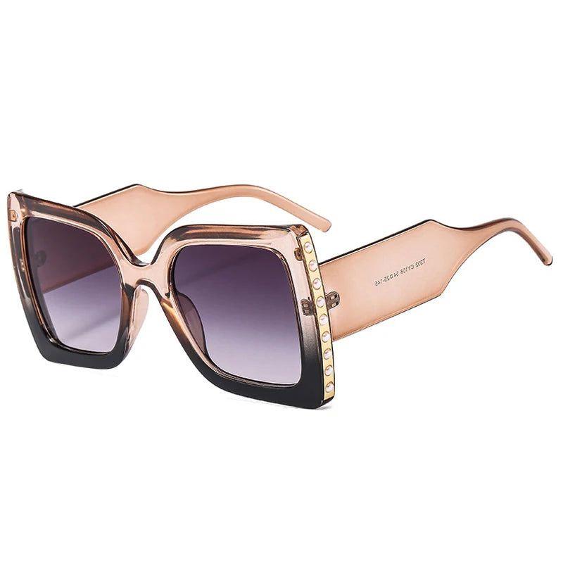 Fashionable Oversized Square Sunglasses with Pearl Accents and Dual-Tone Wide Legs - UV400 Fashion Shades - Lucid Fantasy 