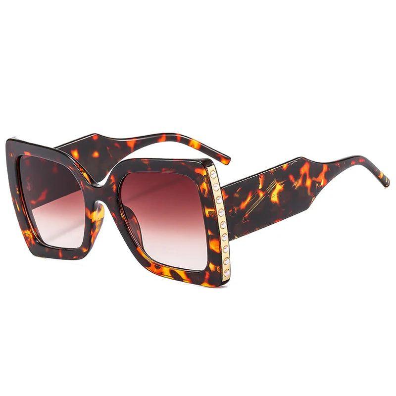 Fashionable Oversized Square Sunglasses with Pearl Accents and Dual-Tone Wide Legs - UV400 Fashion Shades - Lucid Fantasy 