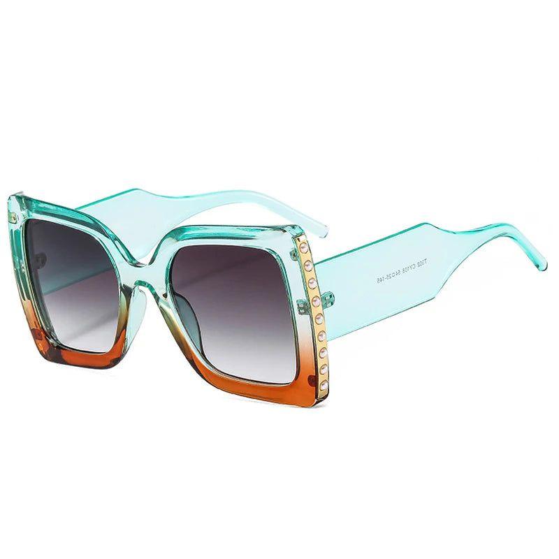 Fashionable Oversized Square Sunglasses with Pearl Accents and Dual-Tone Wide Legs - UV400 Fashion Shades - Lucid Fantasy 