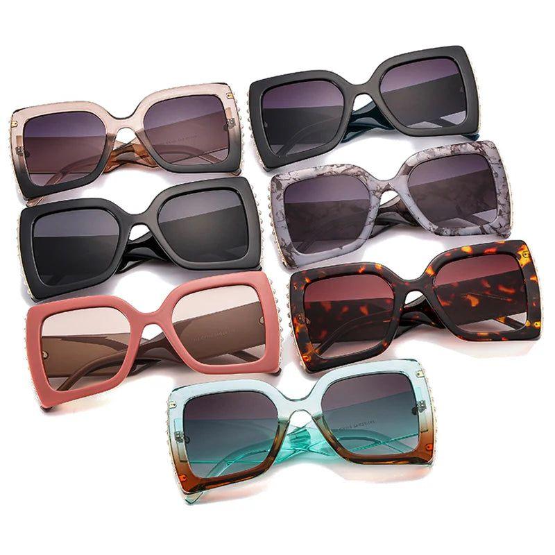 Fashionable Oversized Square Sunglasses with Pearl Accents and Dual-Tone Wide Legs - UV400 Fashion Shades - Lucid Fantasy 