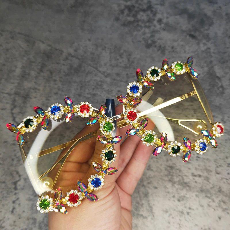 Floral Gem Rhinestone Oversized Crystal Sunglasses – Luxury Bling Shades - Lucid Fantasy 