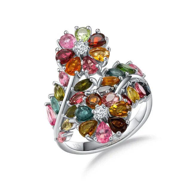 Floral Gemstone Wrap Ring in 925 Sterling Silver with 3.5ct Natural Tourmaline - Lucid Fantasy 