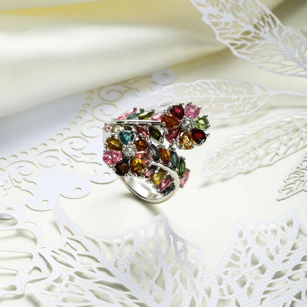 Floral Gemstone Wrap Ring in 925 Sterling Silver with 3.5ct Natural Tourmaline - Lucid Fantasy 