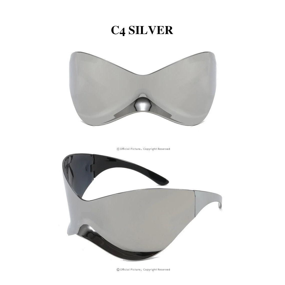 Futuristic Oversized Cyberpunk Sunglasses with Rimless Goggle Lenses in Black, Silver, and Red - Lucid Fantasy 