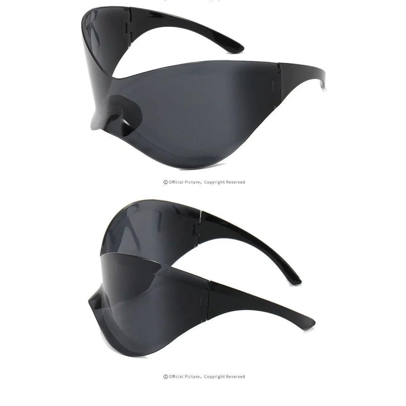 Futuristic Oversized Cyberpunk Sunglasses with Rimless Goggle Lenses in Black, Silver, and Red - Lucid Fantasy 