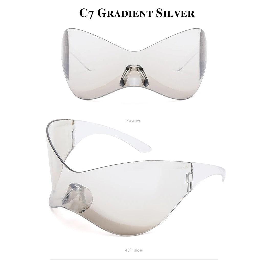 Futuristic Oversized Cyberpunk Sunglasses with Rimless Goggle Lenses in Black, Silver, and Red - Lucid Fantasy 