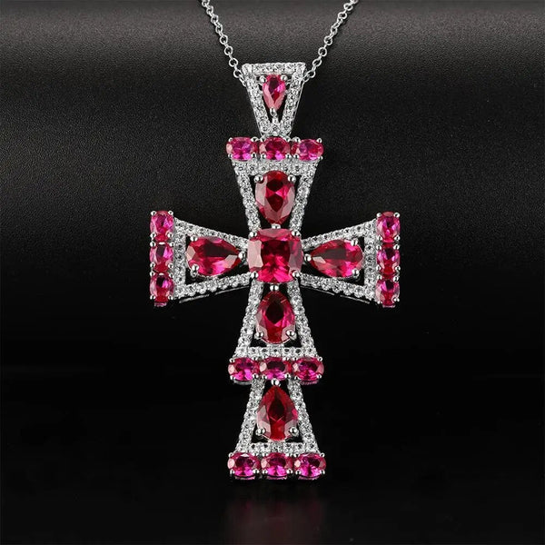 Genuine 925 Sterling Silver Big Cross Pendant Necklace 8 Carats Red Gemstone Fine Jewelry-Lucid Fantasy