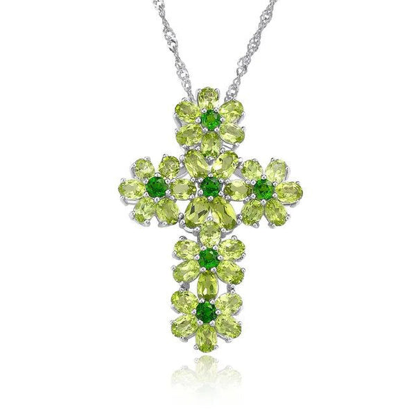 Genuine 925 Sterling Silver Cross Pendant Necklace Natural Peridot Chrome Diopside 7.5ct Fine Jewelry-Lucid Fantasy