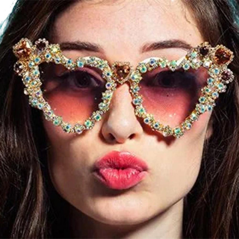 Glamorous Heart-Shaped Crystal Sunglasses with Diamond Accents - Retro Hip Hop Eyewear - Lucid Fantasy 