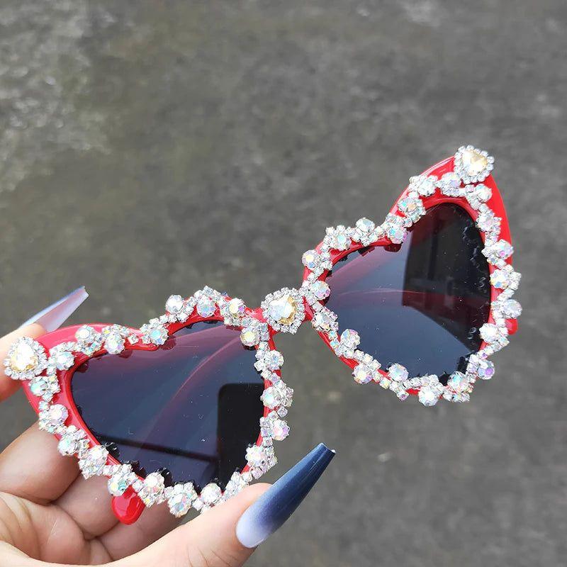 Glamorous Heart-Shaped Crystal Sunglasses with Diamond Accents - Retro Hip Hop Eyewear - Lucid Fantasy 