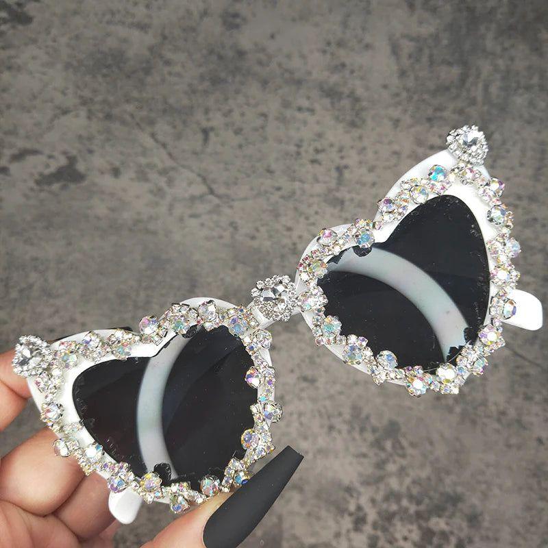 Glamorous Heart-Shaped Crystal Sunglasses with Diamond Accents - Retro Hip Hop Eyewear - Lucid Fantasy 