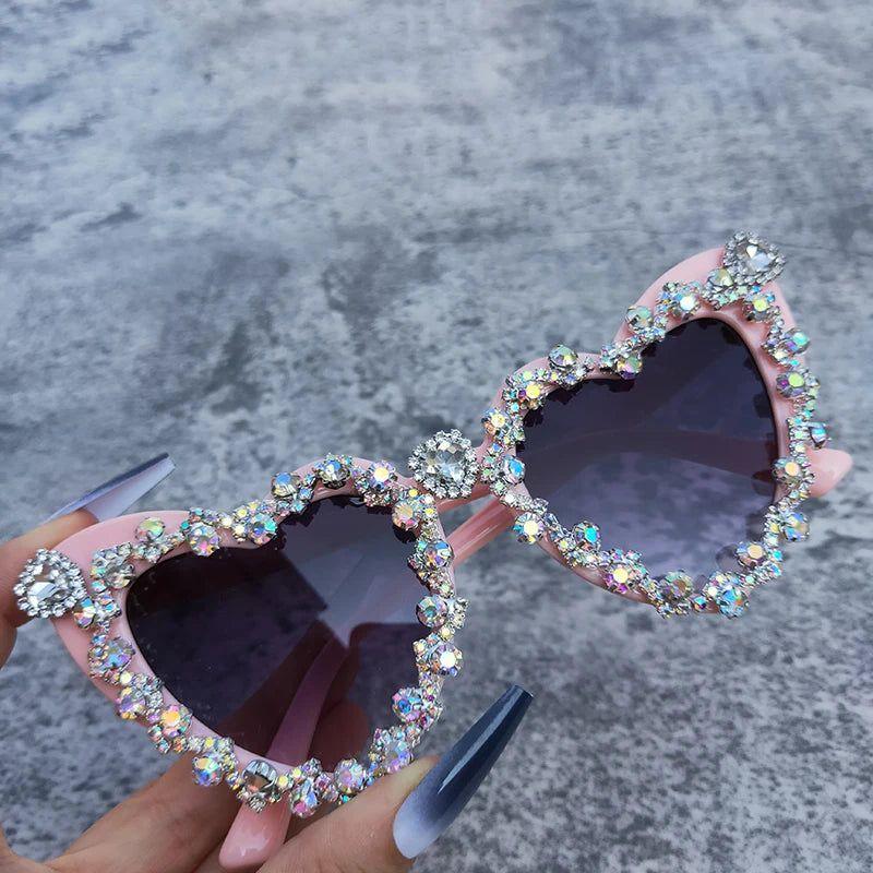 Glamorous Heart-Shaped Crystal Sunglasses with Diamond Accents - Retro Hip Hop Eyewear - Lucid Fantasy 