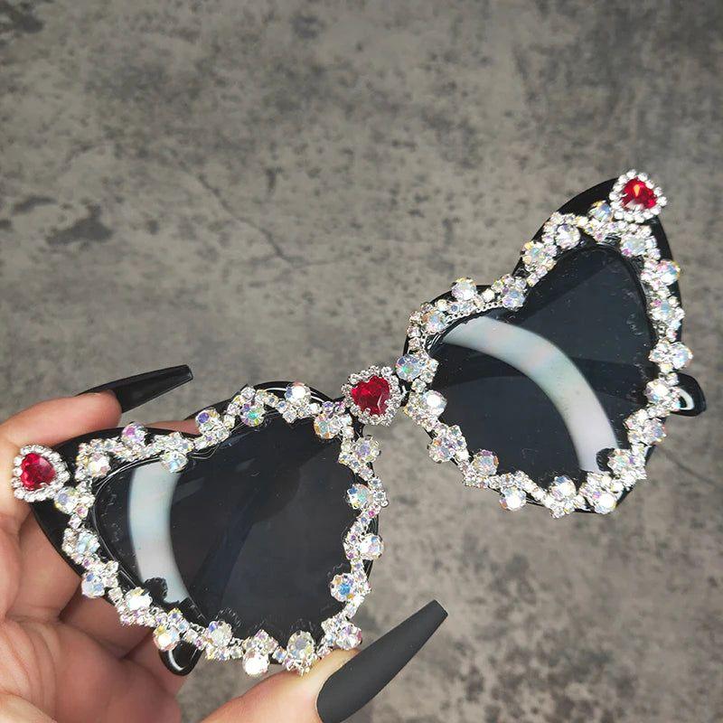 Glamorous Heart-Shaped Crystal Sunglasses with Diamond Accents - Retro Hip Hop Eyewear - Lucid Fantasy 