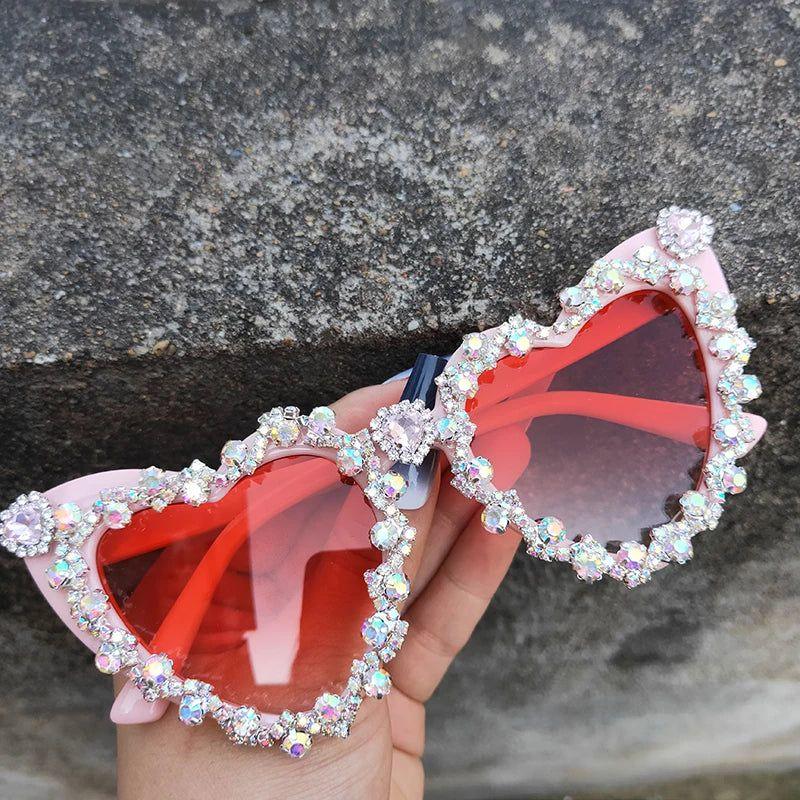 Glamorous Heart-Shaped Crystal Sunglasses with Diamond Accents - Retro Hip Hop Eyewear - Lucid Fantasy 