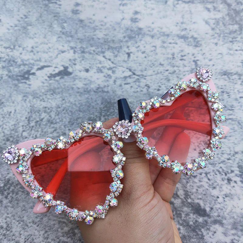 Glamorous Heart-Shaped Crystal Sunglasses with Diamond Accents - Retro Hip Hop Eyewear - Lucid Fantasy 