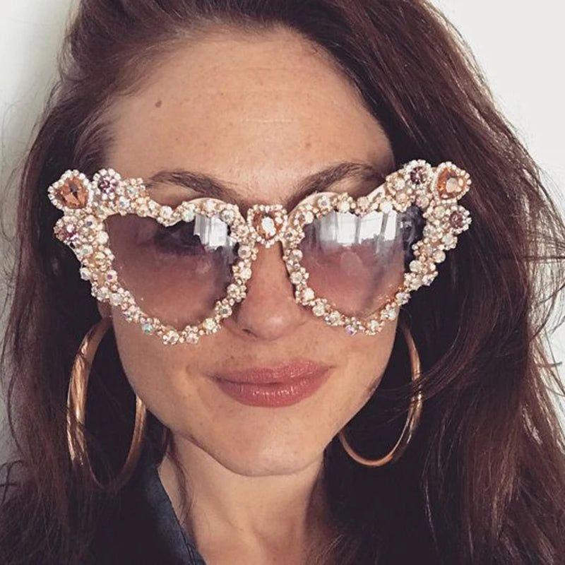 Glamorous Heart-Shaped Crystal Sunglasses with Diamond Accents - Retro Hip Hop Eyewear - Lucid Fantasy 