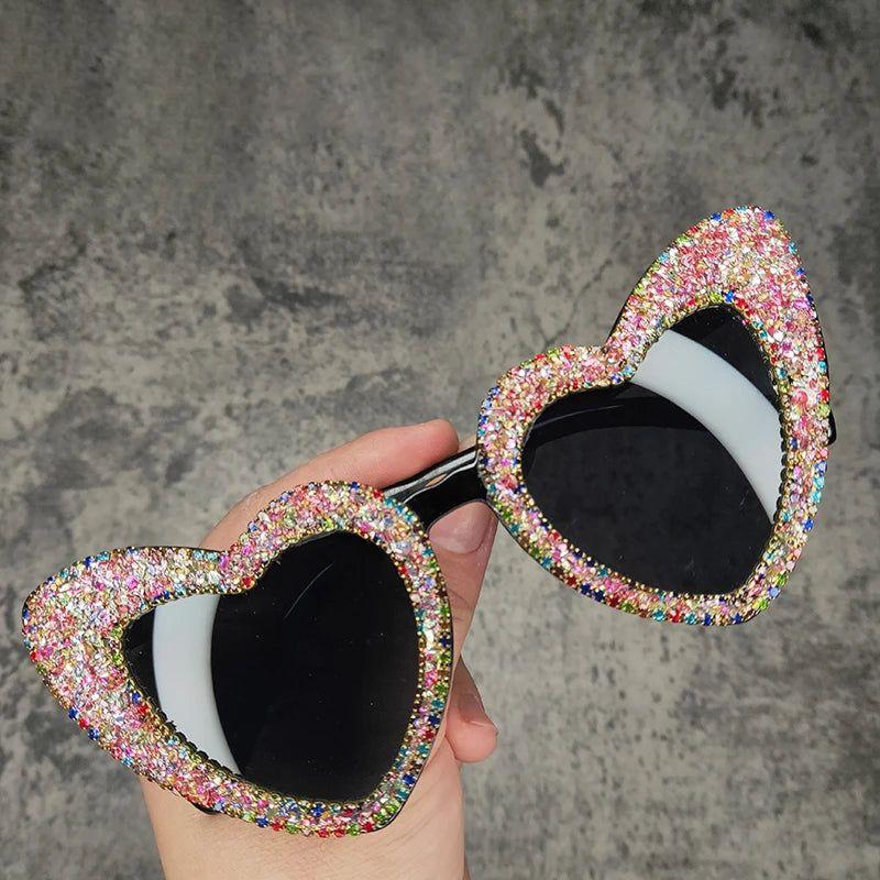 Glamorous Heart-Shaped Retro Sunglasses with Glitter Accents - Lucid Fantasy 