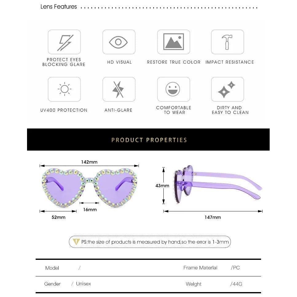 Glamorous Heart-Shaped Rimless Sunglasses with Rhinestone Accents and UV400 Protection - Lucid Fantasy 