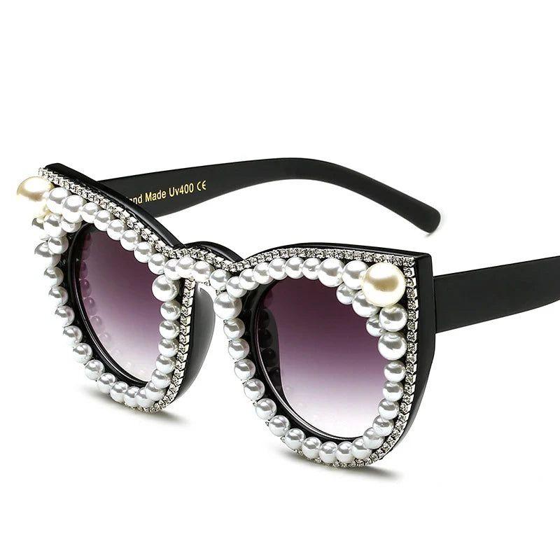 Glamorous Pearl-Embellished Cat Eye Sunglasses with UV400 Protection - Lucid Fantasy 