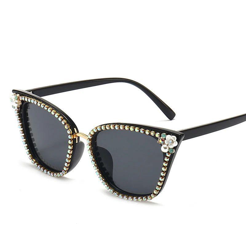 Glamorous Retro Cat Eye Crystal Sunglasses with Bling & Floral Accents - UV400 Protection - Lucid Fantasy 